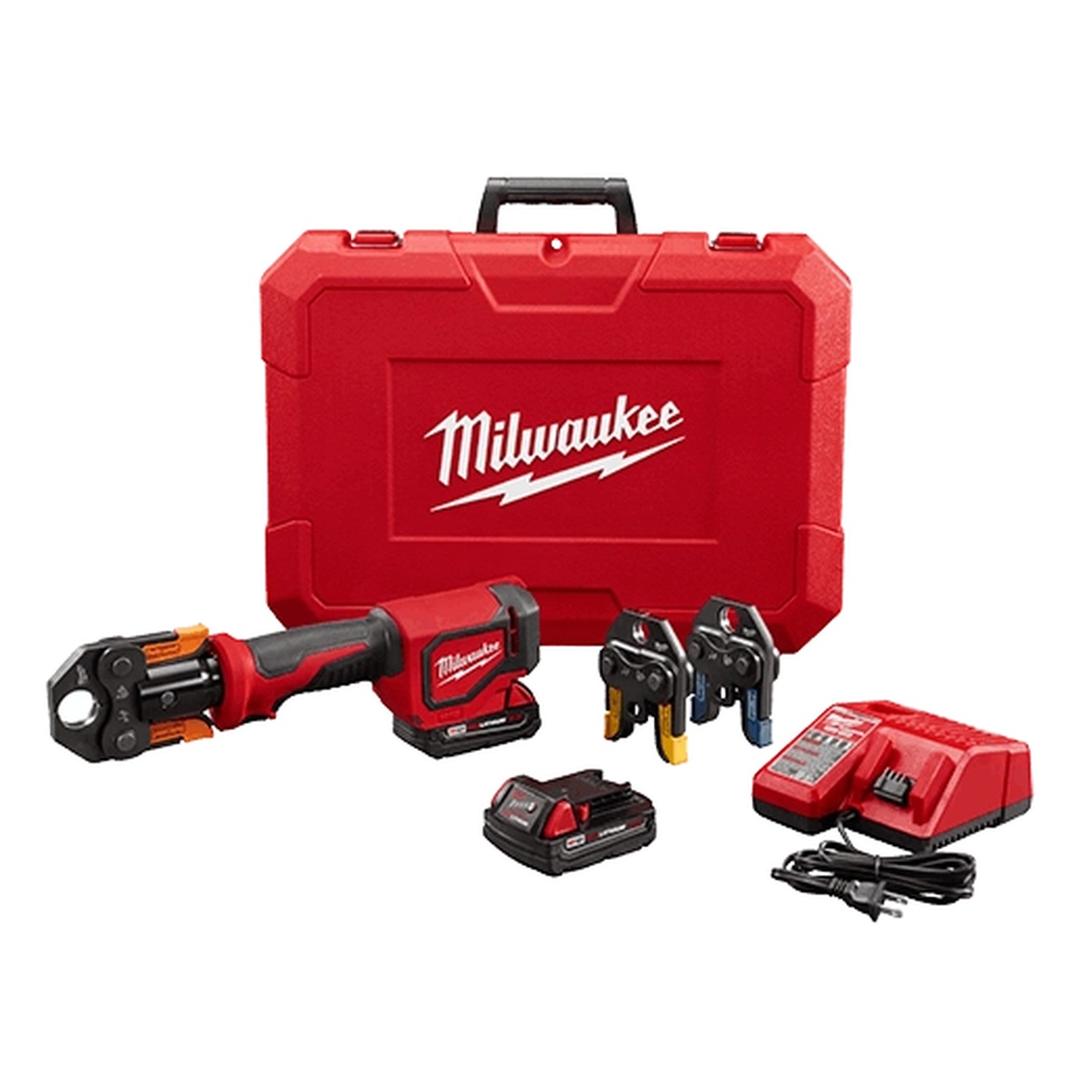 Milwaukee 2674-22P M18 Short Throw Press Tool Kit with carrying case batteries charger and Viega PureFlow jaws on a clean background