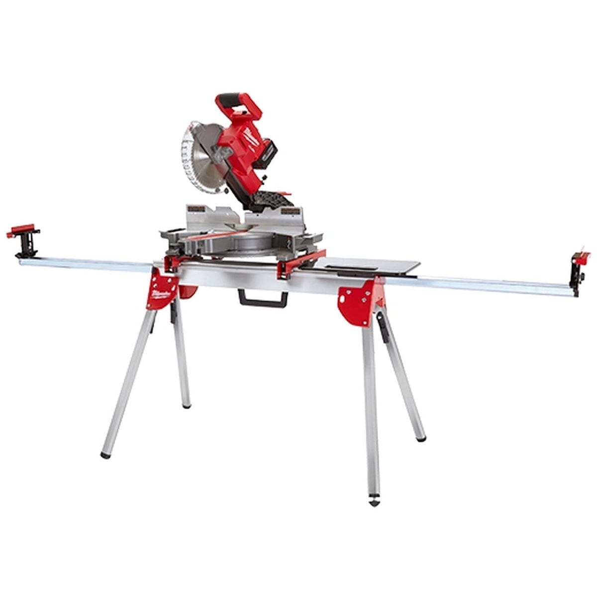 Milwaukee 48-08-0551 Folding Miter Saw Stand set up with a miter saw installed for crosscutting material at a jobsite-style workstation