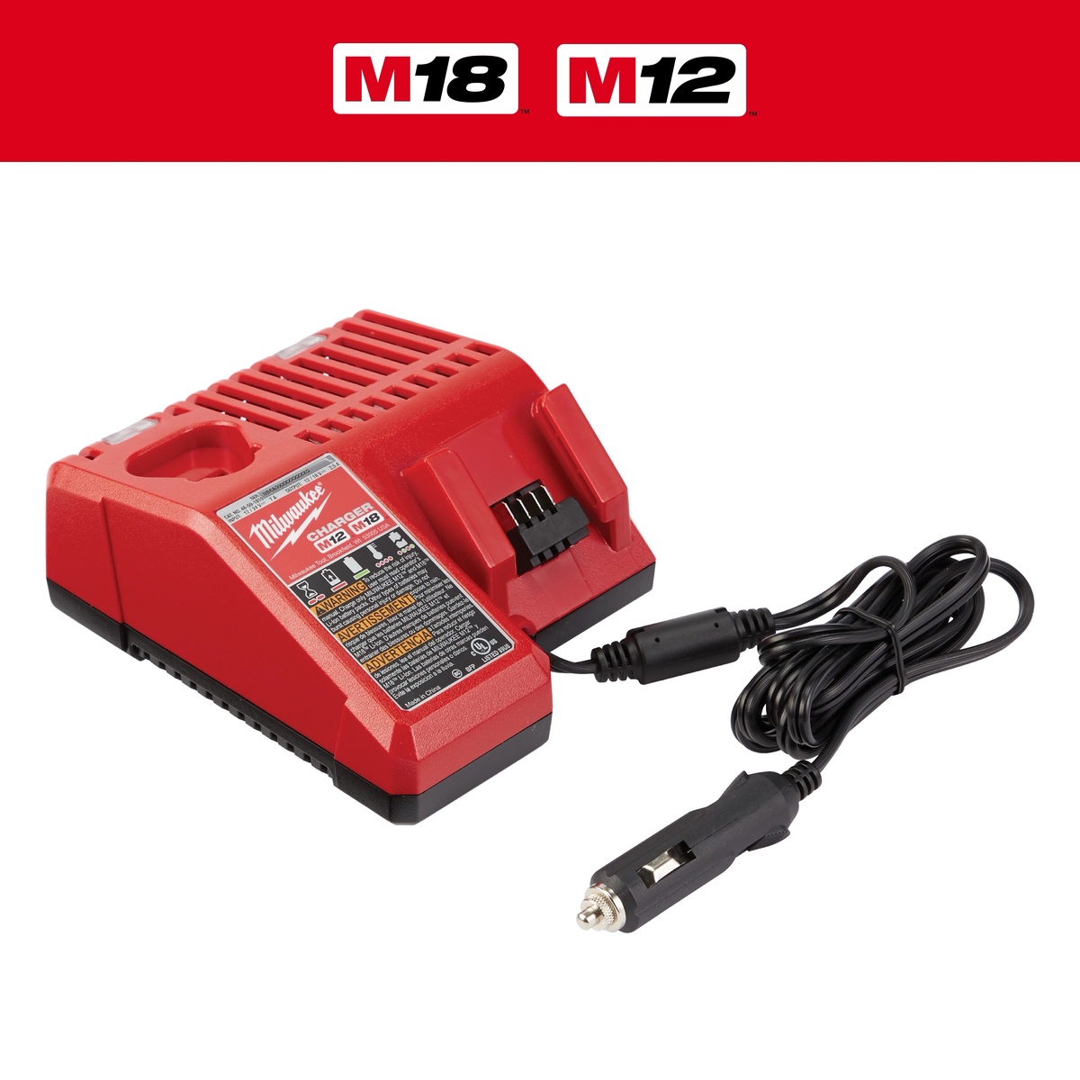 Milwaukee 48-59-1810 M18 / M12 Vehicle Charger shown with vehicle power plug connected, set up for charging battery packs from a truck or service van DC outlet