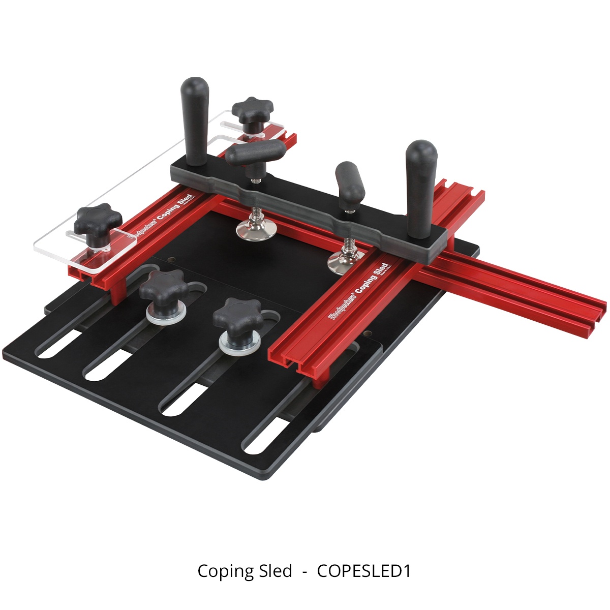 Woodpeckers Router Table Coping Sled product shot showing the fence-guided sled, adjustable top plate, and dual clamps for end grain routing on a router table in a woodworking shop