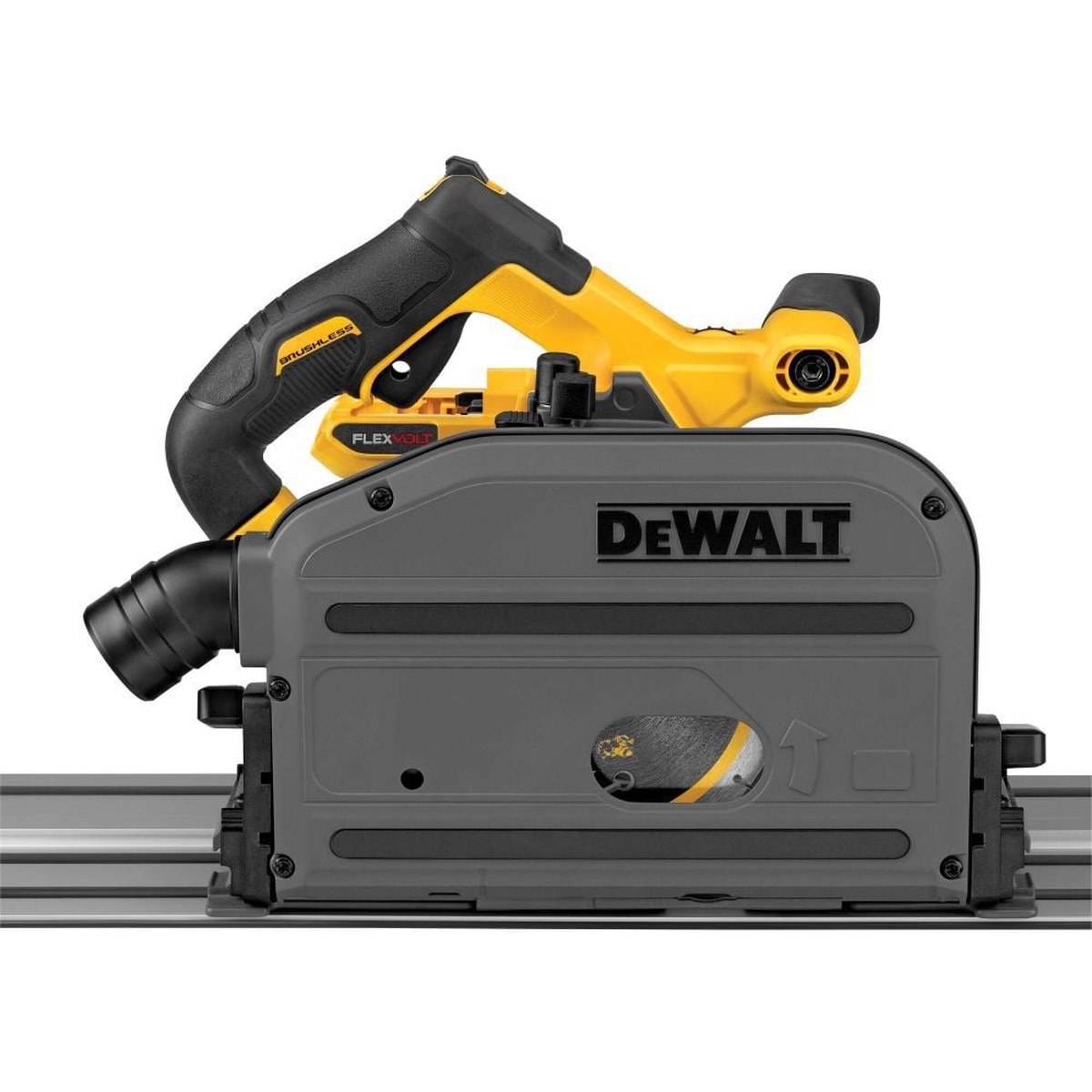 DEWALT DCS520B 60V MAX 6-1/2 in. Cordless Track Saw shown on guide rail with low-profile housing and dust port for track saw cutting applications