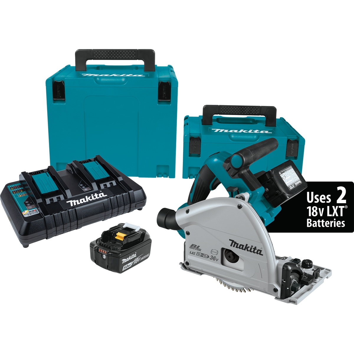 Makita XPS01PTJ plunge circular saw kit with charger, battery, and interlocking cases arranged for transport and storage on the jobsite