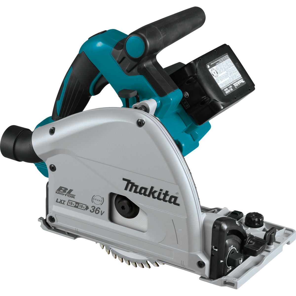 Makita XPS01PTJ 36V 18V X2 brushless plunge circular saw shown in profile highlighting cordless dual-battery power and compact jobsite cutting design