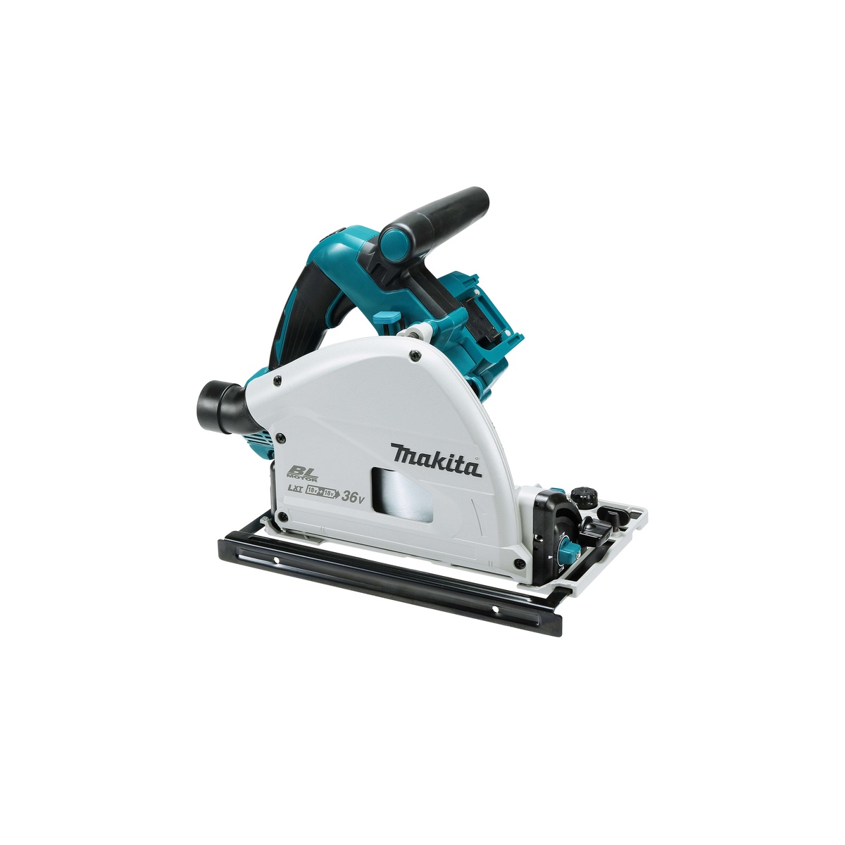 Makita XPS01Z 36V (18V X2) LXT Brushless 6-1/2 inch Plunge Circular Saw mounted on a guide rail for straight sheet material cutting in a shop or jobsite setup