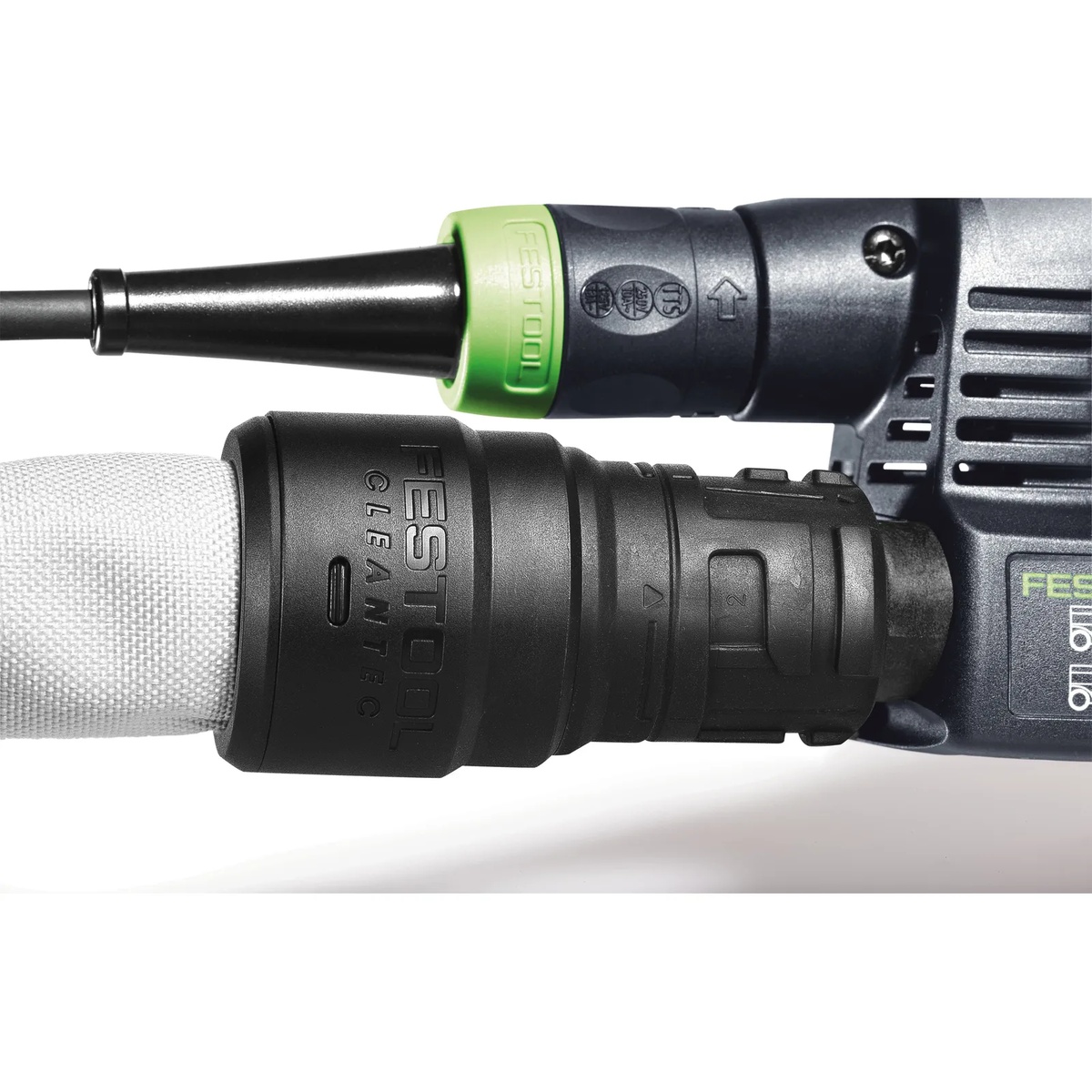 Close-up of the Festool D27/22x5m-AS-GQ/CT USA suction hose connection and Plug It cord attached to a Festool sander for dust extraction