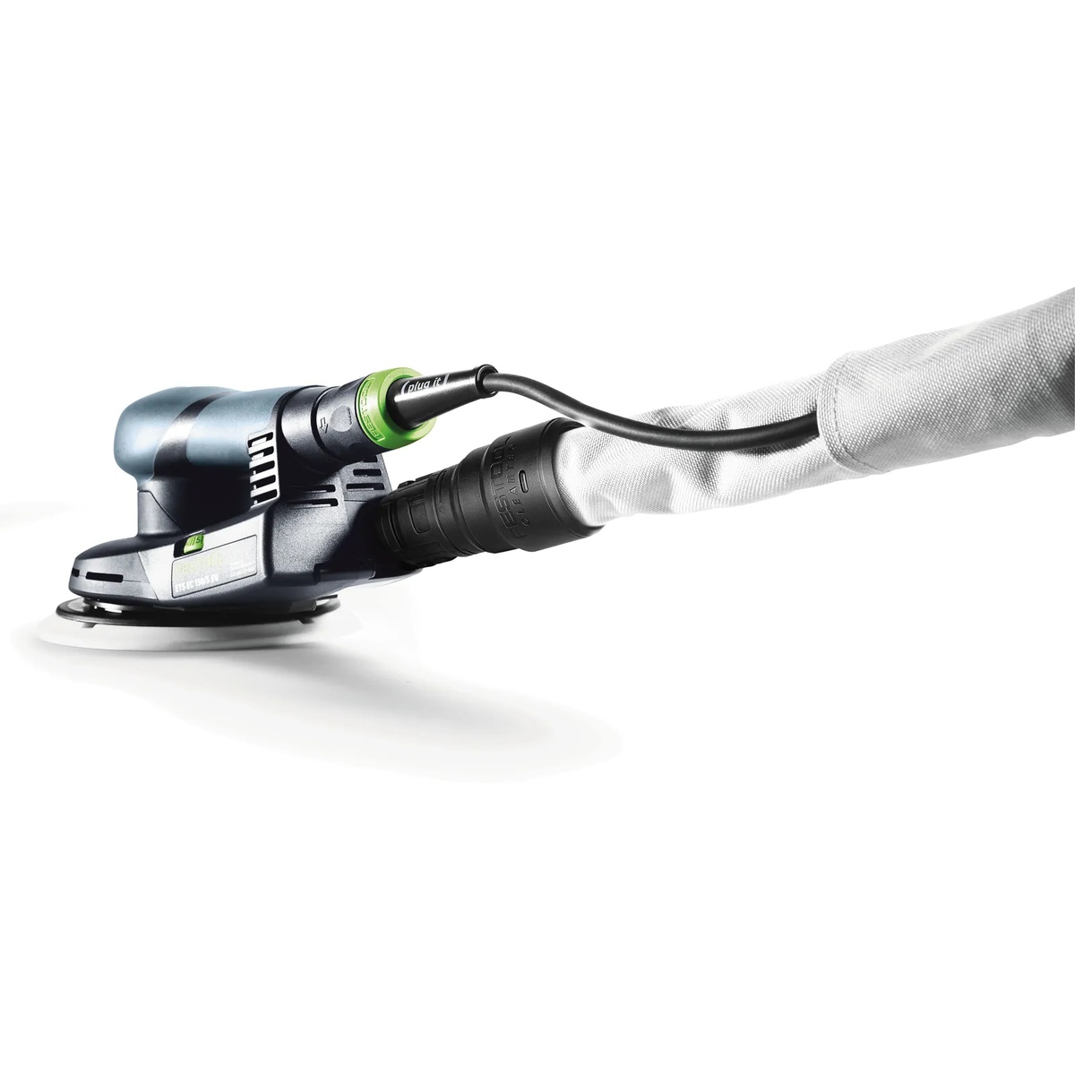 Festool D27/22x5m-AS-GQ/CT USA suction hose attached to a Festool ETS EC sander showing the compact tapered tool-end connection