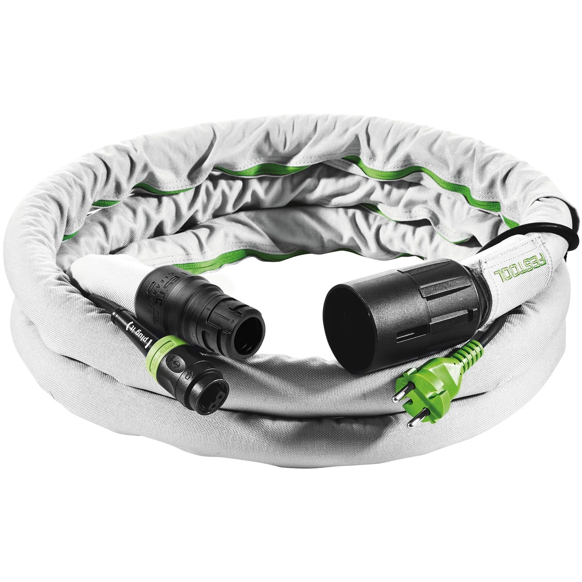 Festool D27/22x5m-AS-GQ/CT USA suction hose coiled on a clean background showing the sleeved hose body, connector ends, and integrated Plug It cord