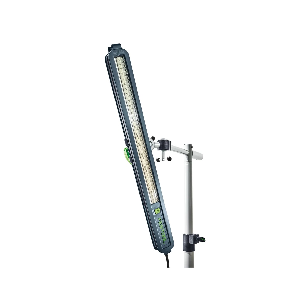 Festool 201938 Syslite STL 450 Surface Inspection Light mounted on a stand for hands-free wall and finish inspection in a workshop or jobsite setting