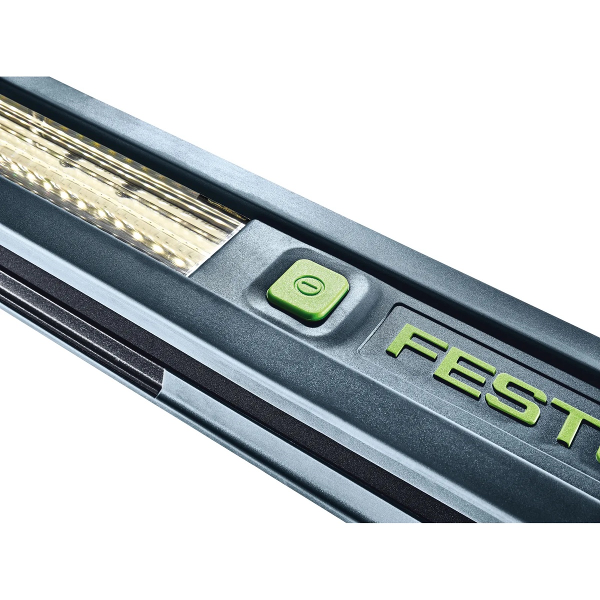 Close-up of the Festool 201938 Syslite STL 450 Surface Inspection Light housing and switch, showing the durable non-marring body used around finished walls, painted trim, and wood surfaces