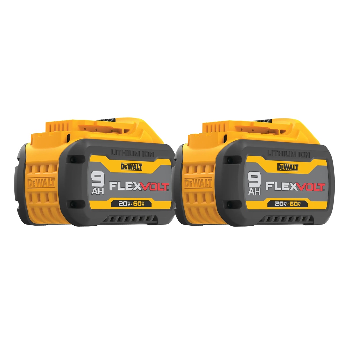 DEWALT DCB609-2 20V/60V MAX FLEXVOLT 9Ah batteries showing the housing and battery interface for jobsite use