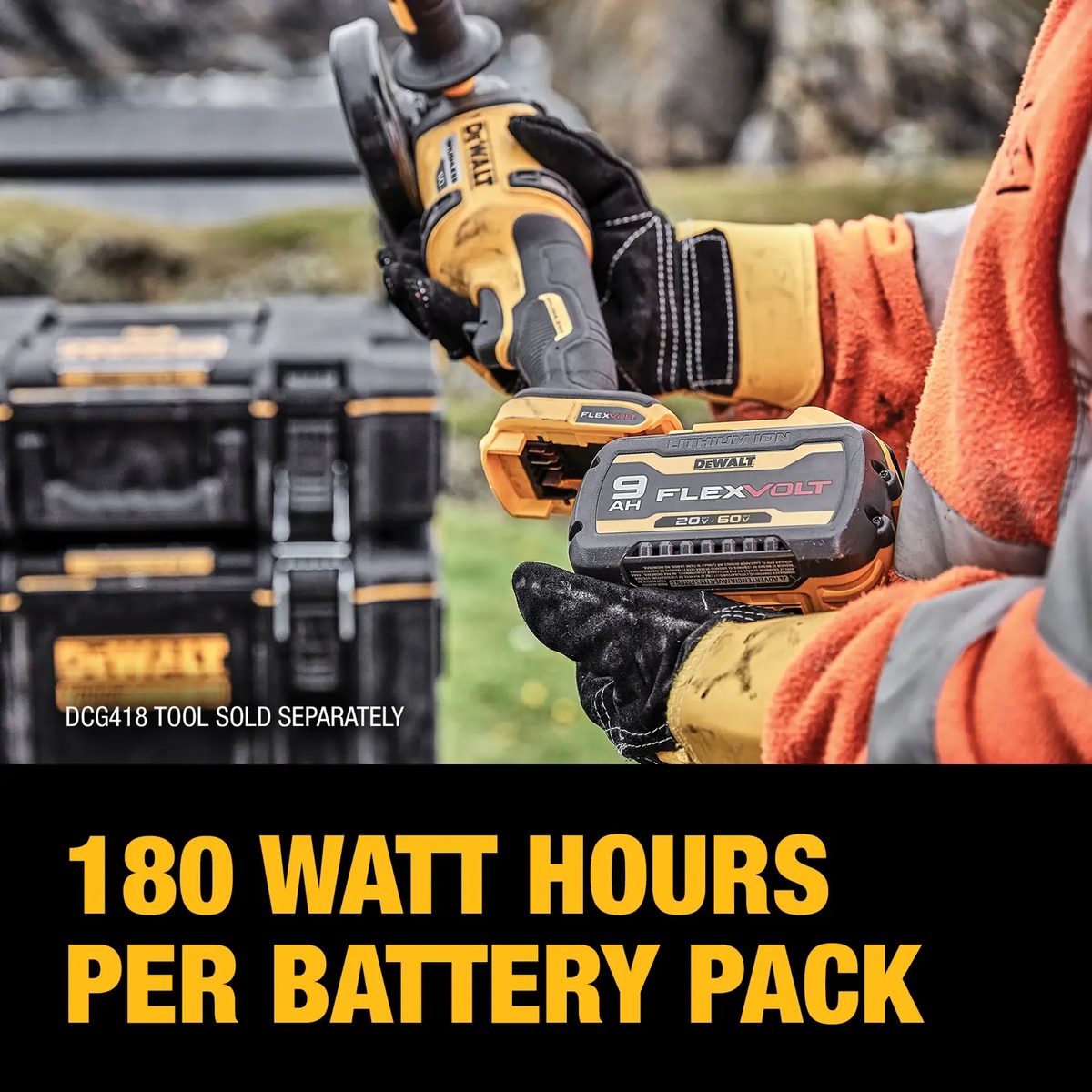 DEWALT DCB609-2 20V/60V MAX FLEXVOLT 9Ah battery installed on a DEWALT cordless grinder during outdoor jobsite use