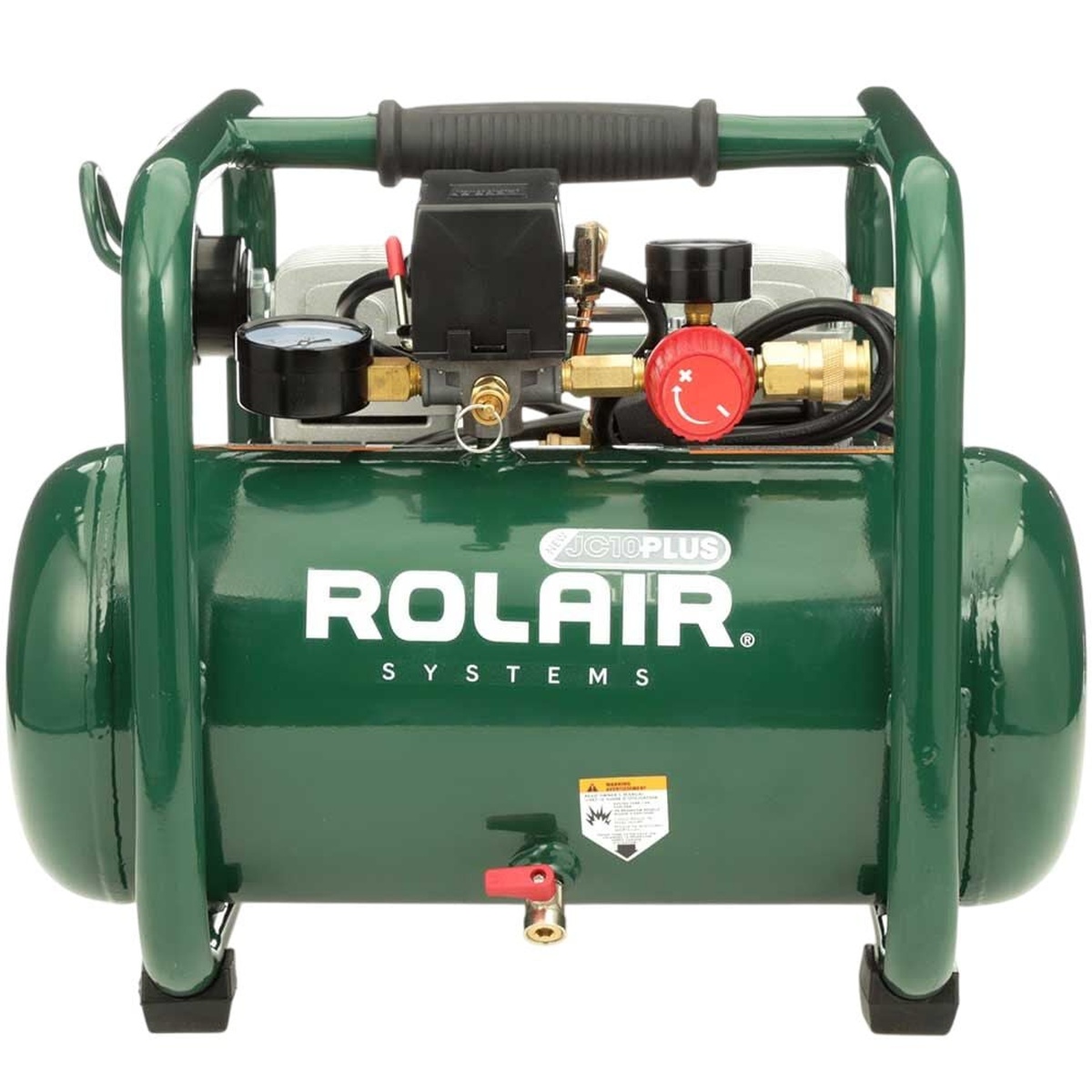 Rolair JC10PLUS Oil Free 2.5 Gallon 1 HP Ultra-Quiet 60dB Air Compressor shown from the front with upward-facing gauges and roll-cage frame for indoor trim and finish work