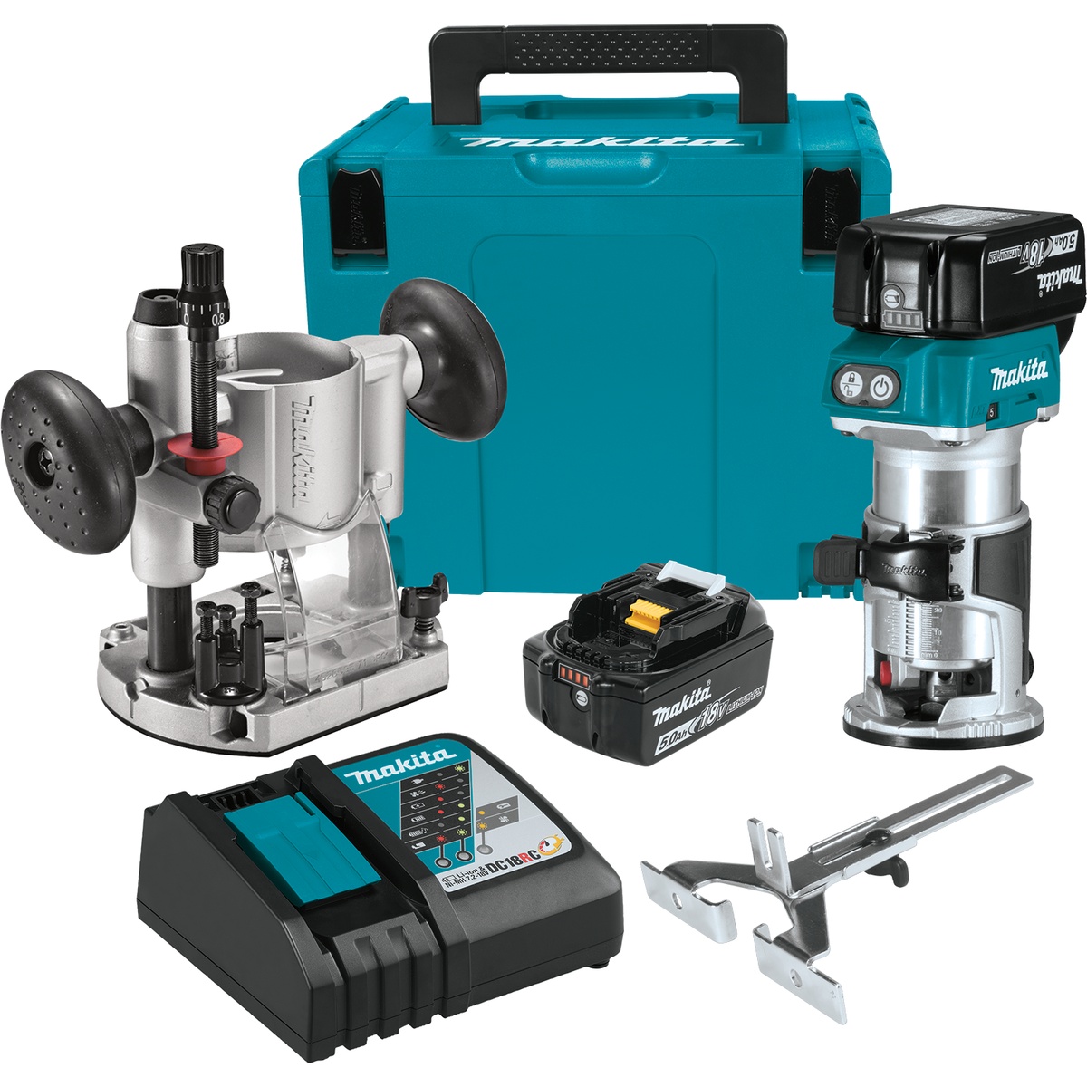 Makita XTR01T7 18V LXT Lithium-Ion Brushless Cordless Compact Router Kit (5.0Ah) with router, plunge base, battery, charger, case, and straight guide laid out for woodworking use