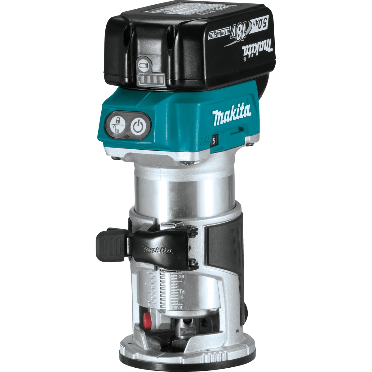 Makita XTR01T7 18V LXT Lithium-Ion Brushless Cordless Compact Router Kit (5.0Ah) router body with battery installed, shown as a compact cordless trim router for edge profiling and cabinetry work