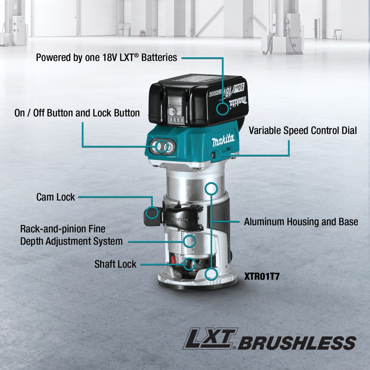 Makita XTR01T7 18V LXT Lithium-Ion Brushless Cordless Compact Router Kit (5.0Ah) shown with labeled controls including speed dial, cam lock, shaft lock, and fine depth adjustment for precision woodworking setup in a shop environment