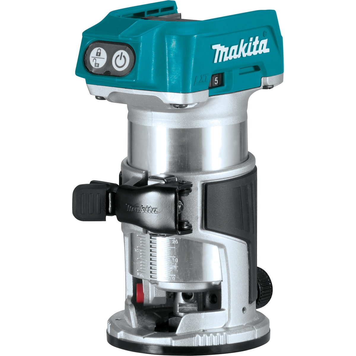 Makita XTR01Z 18V LXT Lithium-Ion Brushless Cordless Compact Router, Tool Only product view showing the compact body, lock controls, and fixed base for cordless trimming and routing tasks