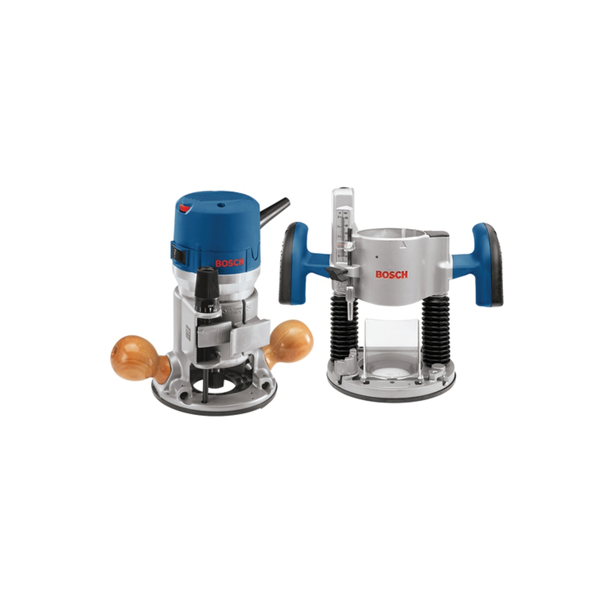 Bosch 1617EVSPK 2.25 HP Combination Plunge- and Fixed-Base Router shown with fixed base and plunge base for woodworking, router table setup, and handheld routing in the shop