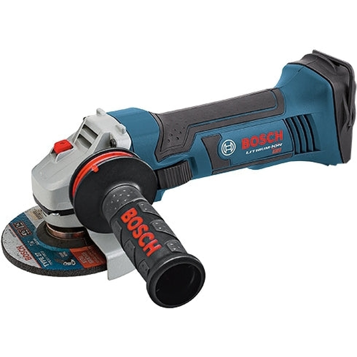 Bosch GWS18V-45 18V 4-1/2 In. Angle Grinder product view showing the cordless grinder with side handle, guard, and grinding wheel installed for metal cutting and grinding work