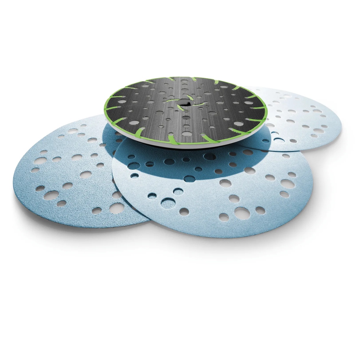 Festool 202459 Multi Jetstream2 150mm 6 inch Super-Soft Pad with matching perforated sanding discs in a studio setup showing the airflow and dust extraction hole pattern used for finish sanding