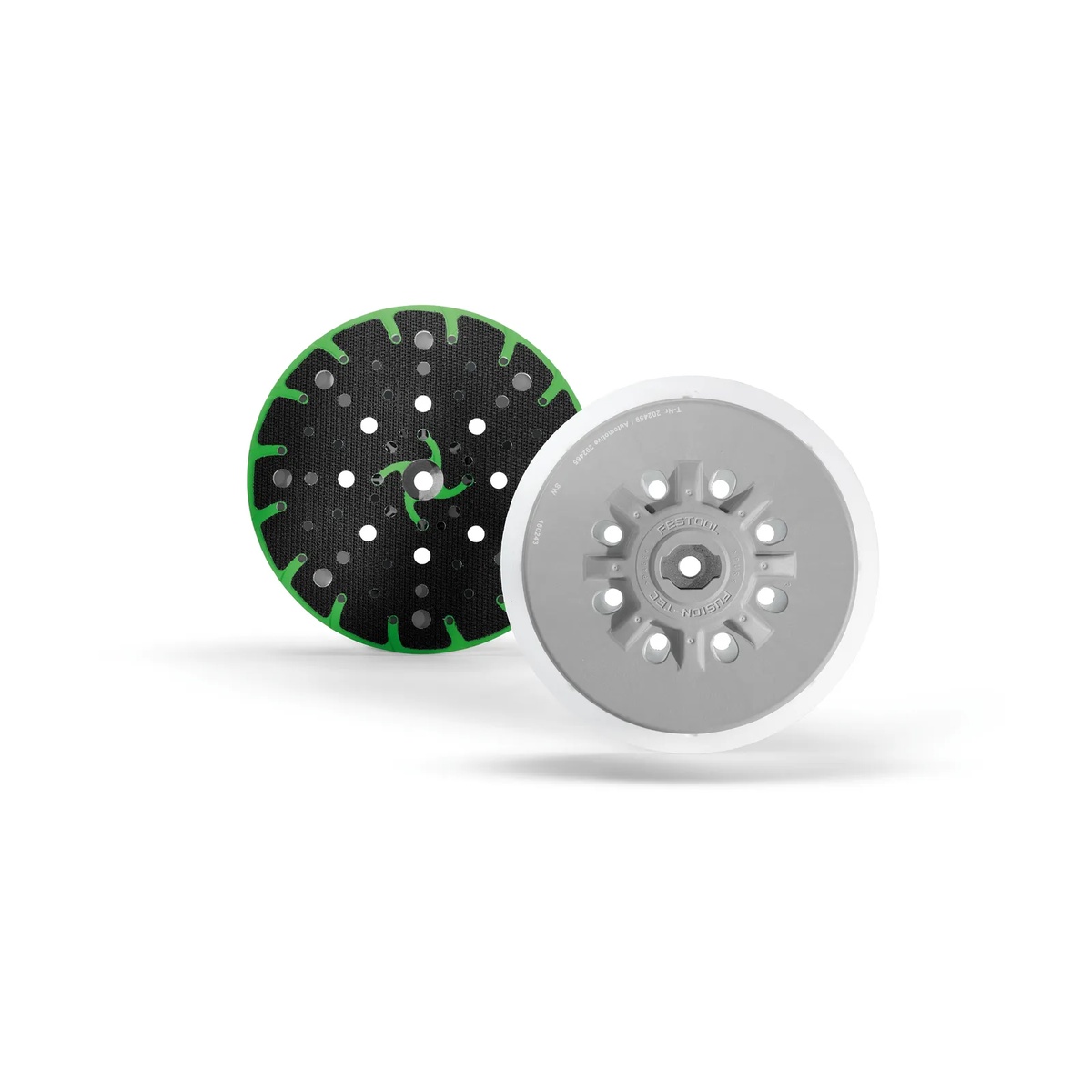 Festool 202459 Multi Jetstream2 150mm 6 inch Super-Soft Pad shown front and back in a studio product view for comparing the sanding face, edge profile, and mounting side before contour sanding work