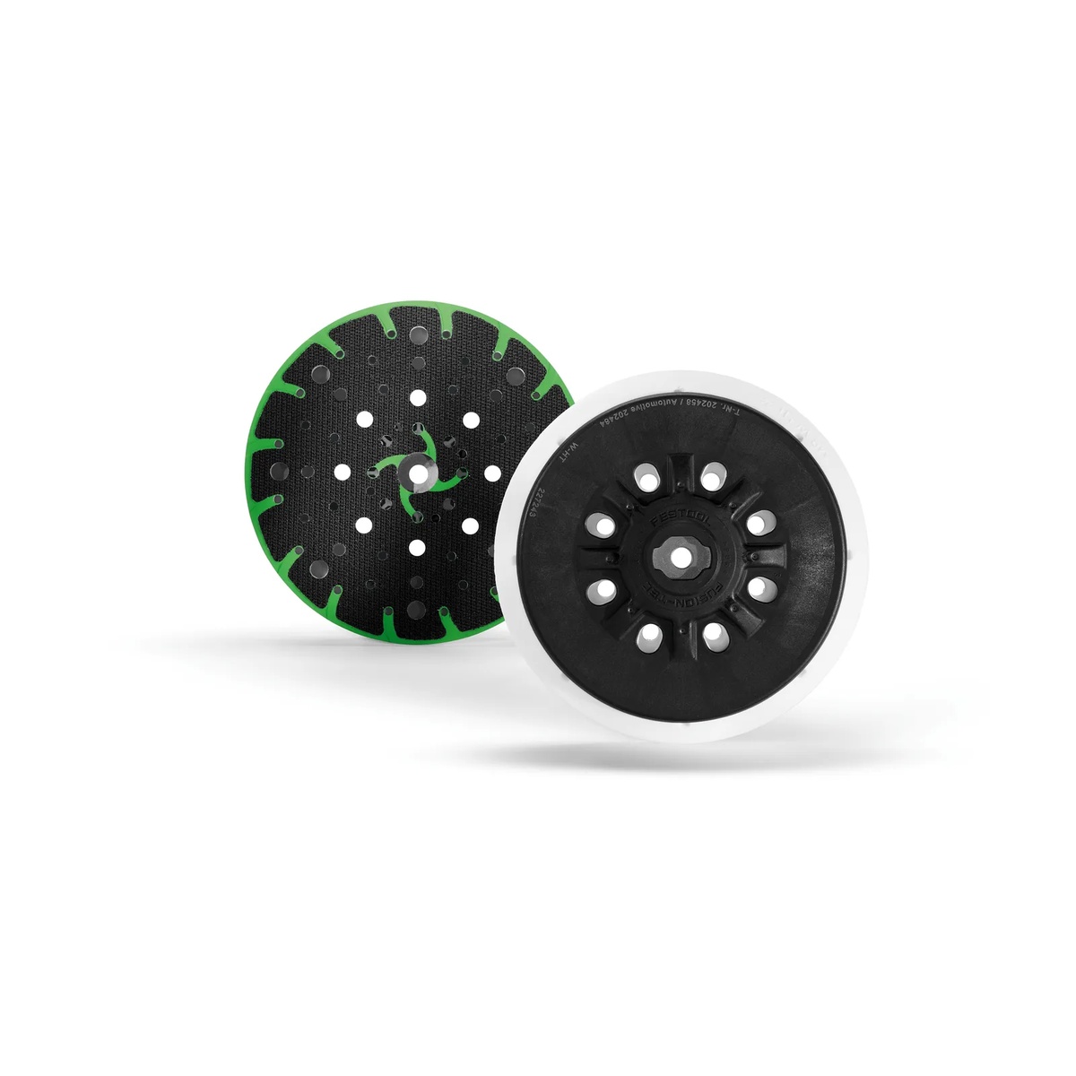 Festool 202458 sander backing pad shown front and back to highlight the MULTI-JETSTREAM 2 sanding face and rear mounting side for dust-controlled sanding on wood and finish prep jobs