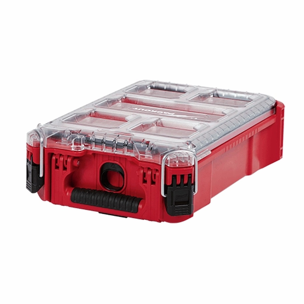 Milwaukee 48-22-8435 PACKOUT Compact Organizer closed with clear lid and heavy-duty latches for secure transport in a truck or on a jobsite
