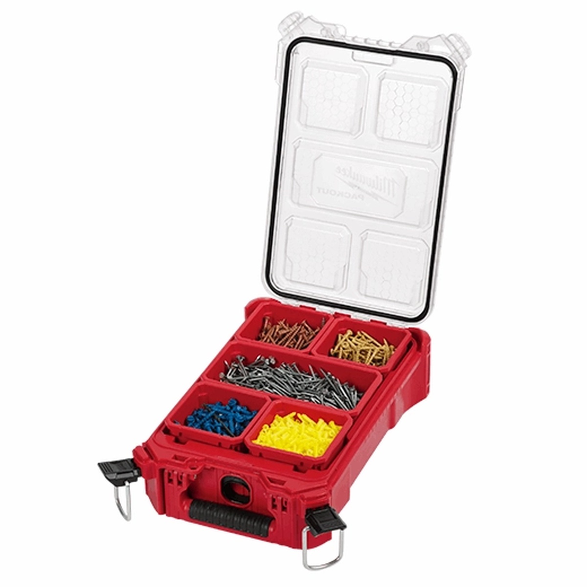 Milwaukee 48-22-8435 PACKOUT Compact Organizer opened with removable bins holding screws and small hardware for jobsite organization