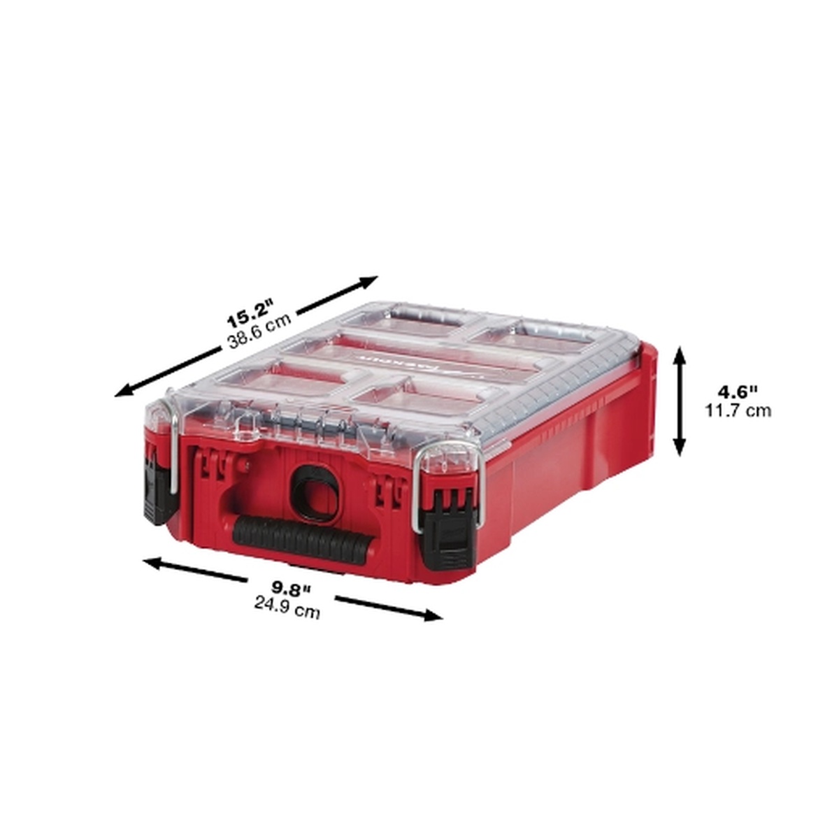Milwaukee 48-22-8435 PACKOUT Compact Organizer dimensions shown for compact tool storage in a service van, shop shelf, or job box