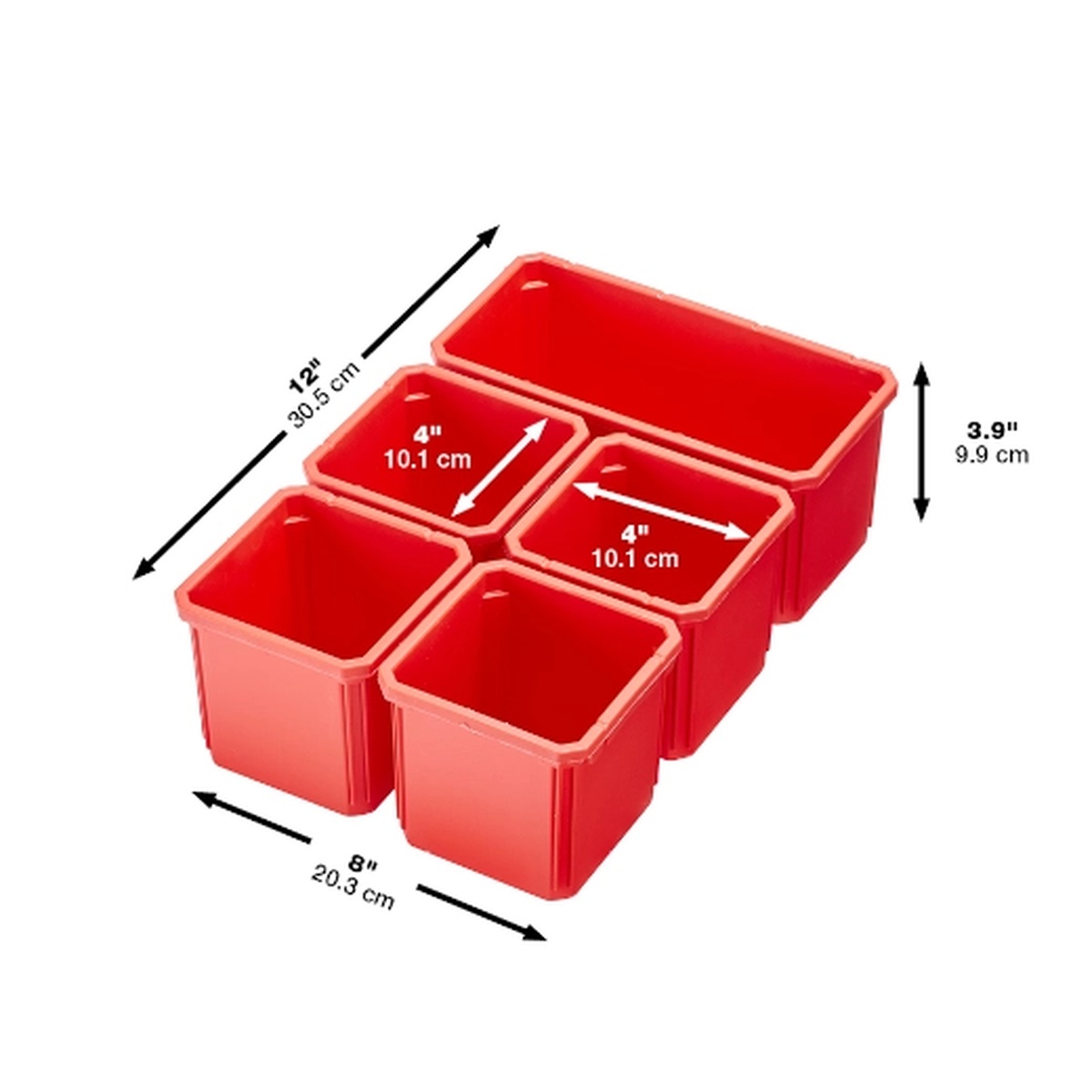 Milwaukee 48-22-8430 PACKOUT Modular Heavy Duty Jobsite Organizer removable bins shown individually to highlight large and small bin sizes for organizing fasteners and accessories