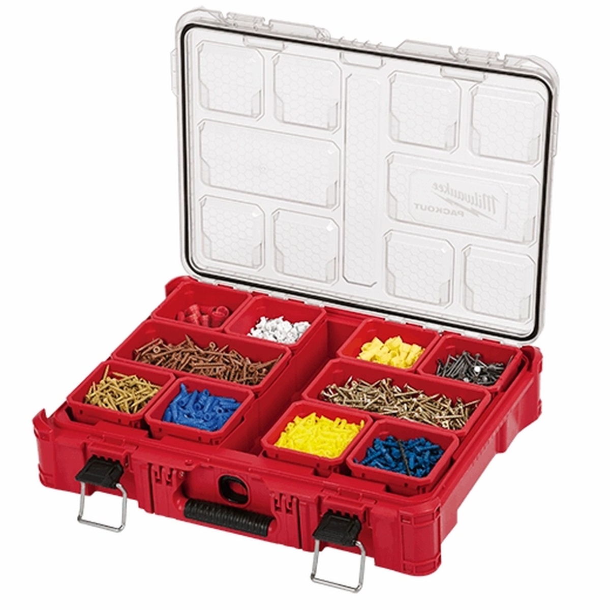 Milwaukee 48-22-8430 PACKOUT Modular Heavy Duty Jobsite Organizer opened with removable bins holding screws, anchors, and small hardware for jobsite organization