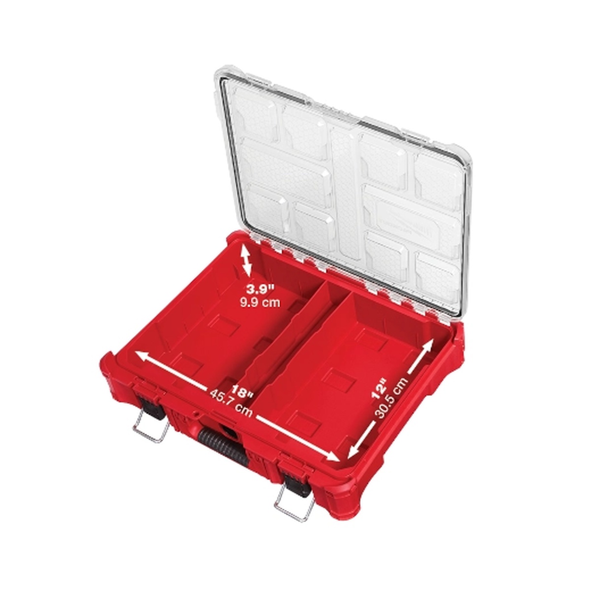 Milwaukee 48-22-8430 PACKOUT Modular Heavy Duty Jobsite Organizer open interior showing storage area dimensions for small parts and hardware organization