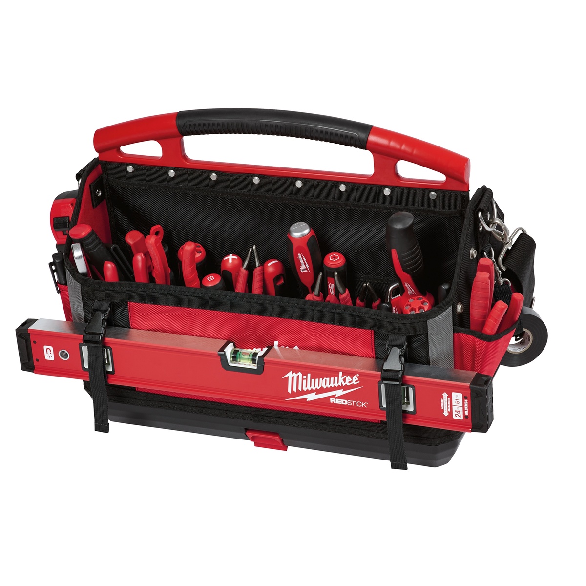 Milwaukee 48-22-8320 PACKOUT tool and accessory storage tote loaded with hand tools and a level for organized daily carry