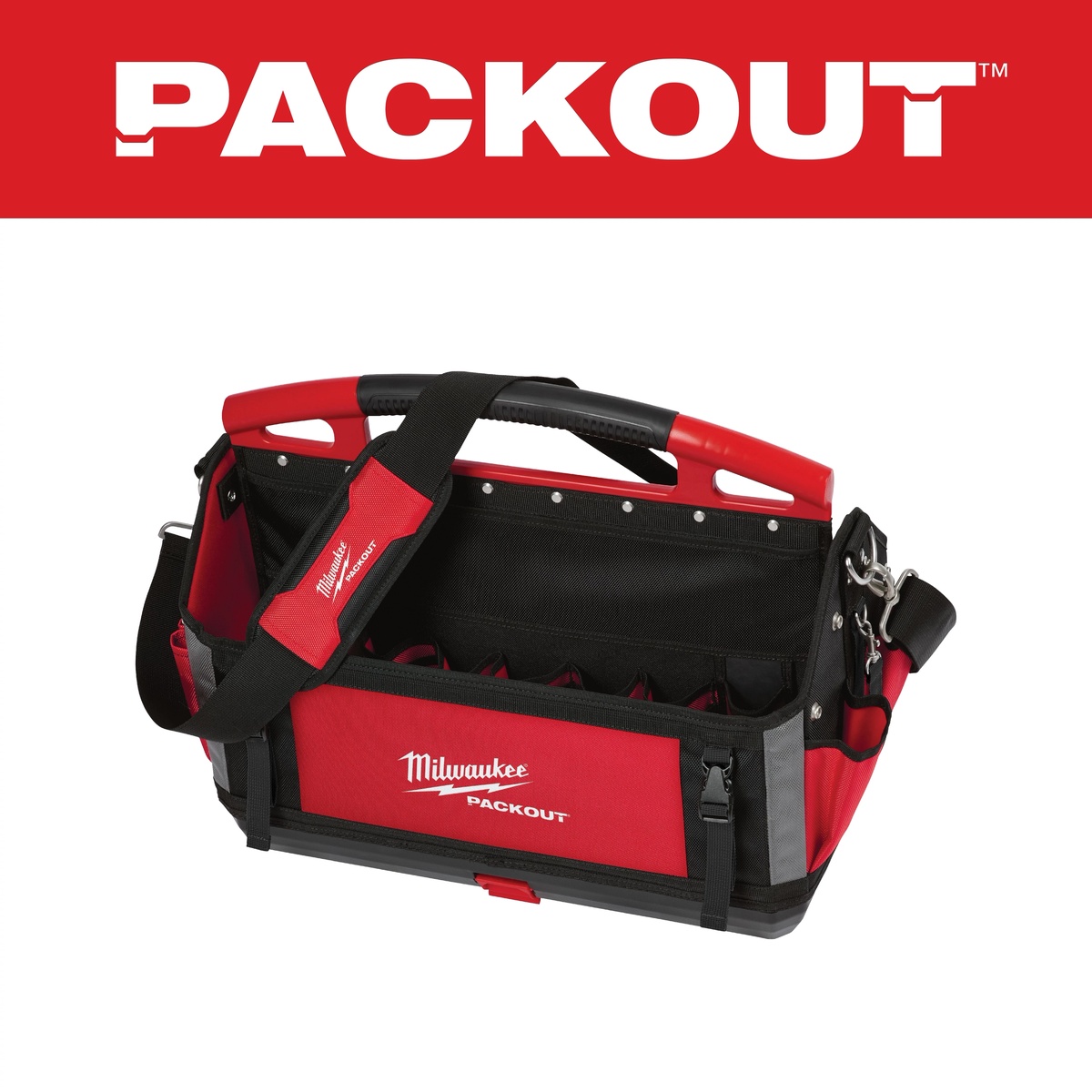 Milwaukee 48-22-8320 20 in. PACKOUT Tote shown empty with padded shoulder strap, overmolded handle, and molded base on a clean background