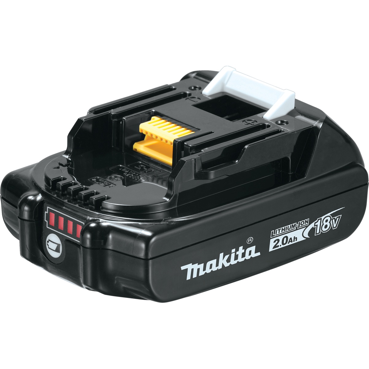 Makita BL1820B 18V LXT Lithium-Ion Compact 2.0Ah Battery shown as a compact slide-style battery for everyday cordless tool use on service calls and overhead work