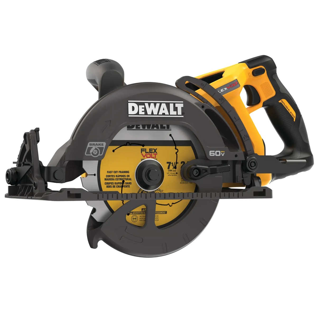DEWALT DCS577B FLEXVOLT 60V MAX 7-1/4 in. Cordless Worm Drive Style Saw product view showing rear handle, magnesium shoe, and blade guard for jobsite use