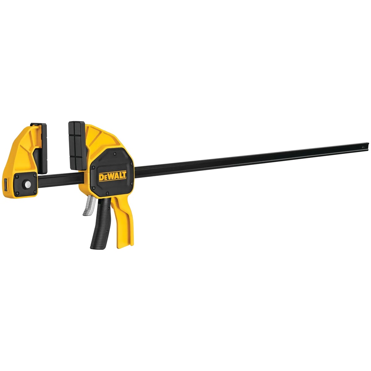 DEWALT DWHT83187 36-in. Extra Large Trigger Clamp close view showing trigger handle and jaw pads, built for one-handed clamping during woodworking and jobsite assembly tasks