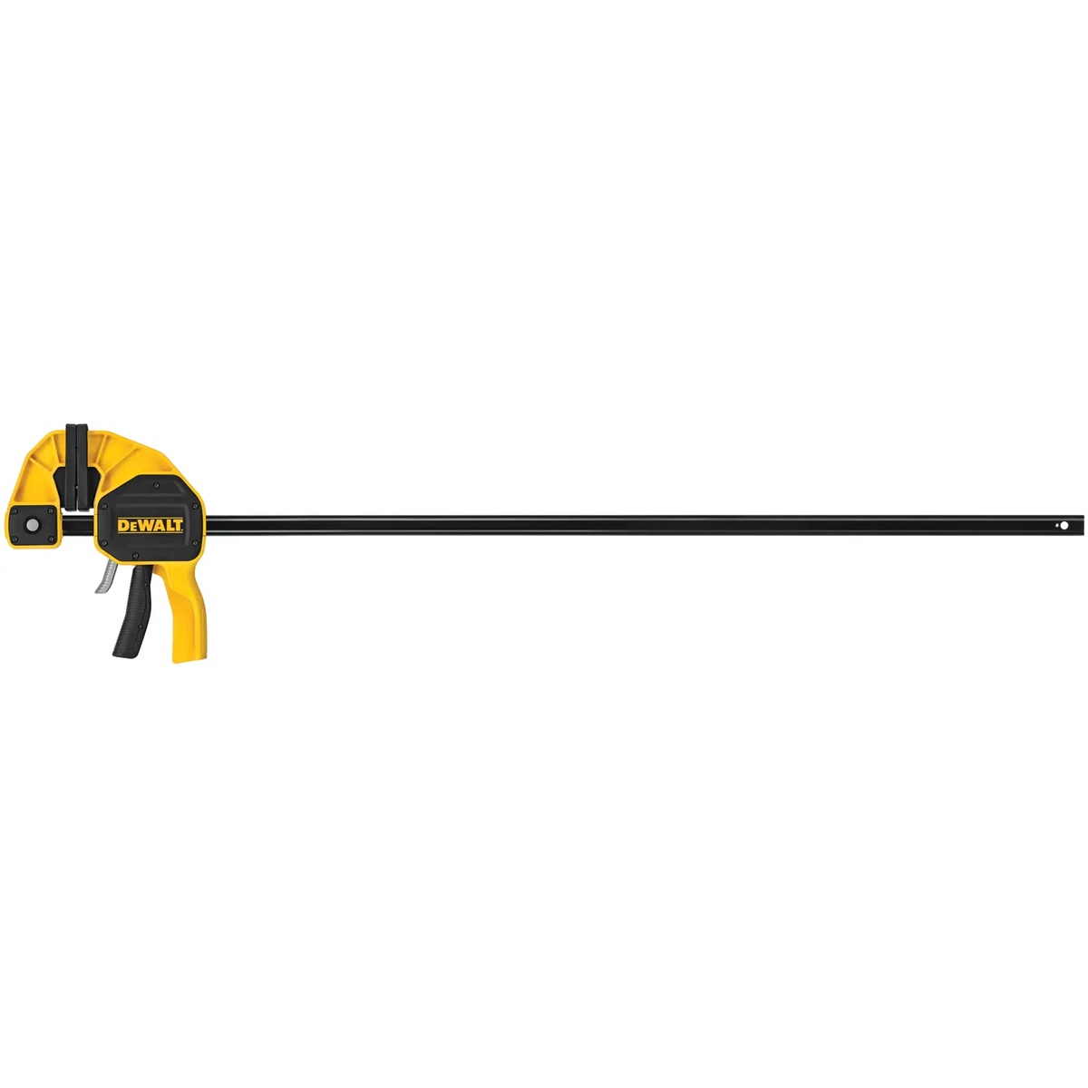 DEWALT DWHT83187 36-in. Extra Large Trigger Clamp shown in full length on a clean background, highlighting the long bar clamp reach for cabinet assembly, panel glue-ups, and carpentry work