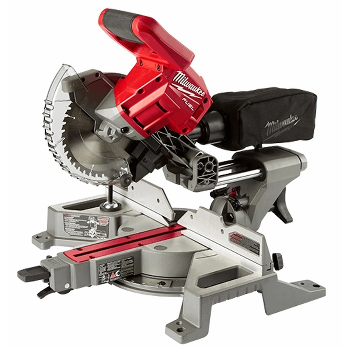 Milwaukee 2733-20 M18 FUEL 7-1/4 in. dual bevel sliding compound miter saw product view showing sliding rails, blade, clamp area, and dust bag for woodworking and trim applications