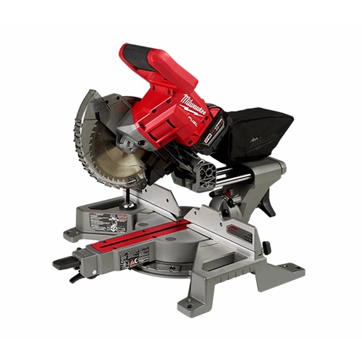 Milwaukee 2733-21 M18 FUEL 7-1/4 Dual Bevel Sliding Compound Miter Saw Kit product view showing slide rails, blade, fence, and dust bag