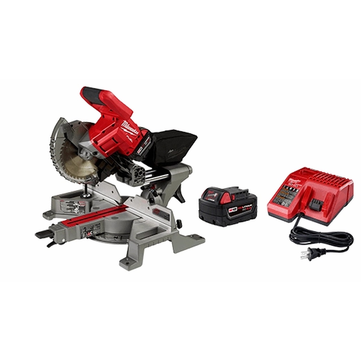 Milwaukee 2733-21 M18 FUEL 7-1/4 Dual Bevel Sliding Compound Miter Saw Kit with included XC5.0 battery and multi-voltage charger on a clean background