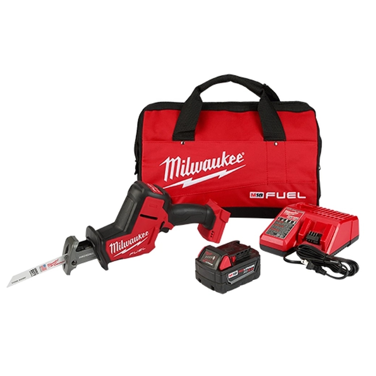 Milwaukee 2719-21 M18 FUEL HACKZALL Reciprocating Saw Kit with included battery charger and contractor bag on a clean background