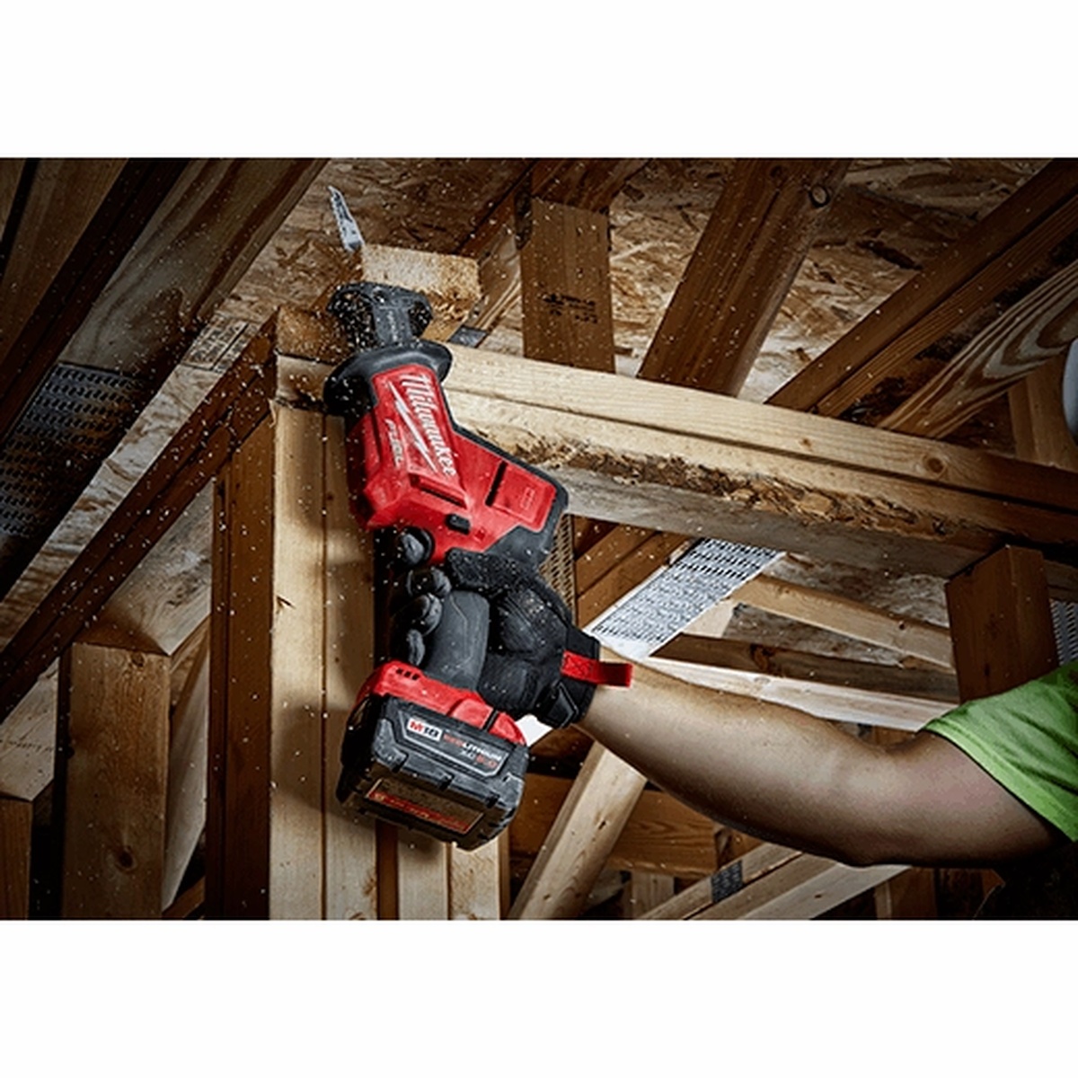 Milwaukee 2719-21 M18 FUEL HACKZALL Reciprocating Saw Kit making an overhead cut in wood framing on a jobsite