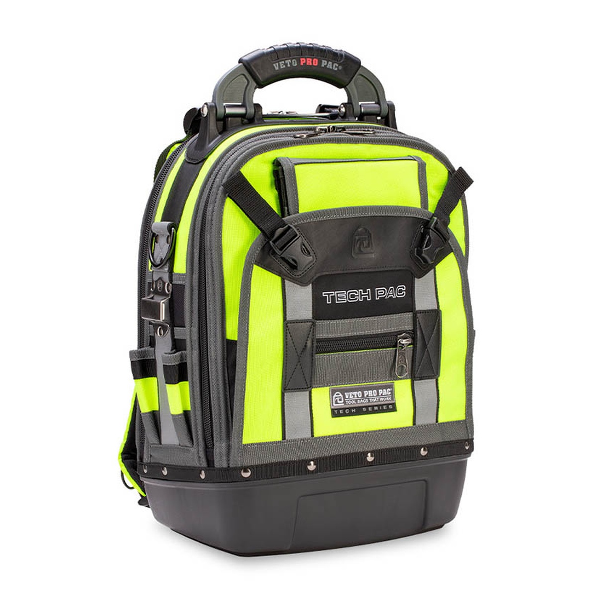 Veto Pro Pac TECH PAC HI-VIZ YELLOW Backpack Tool Bag standing upright on a clean surface showing the weatherproof molded base and reinforced construction
