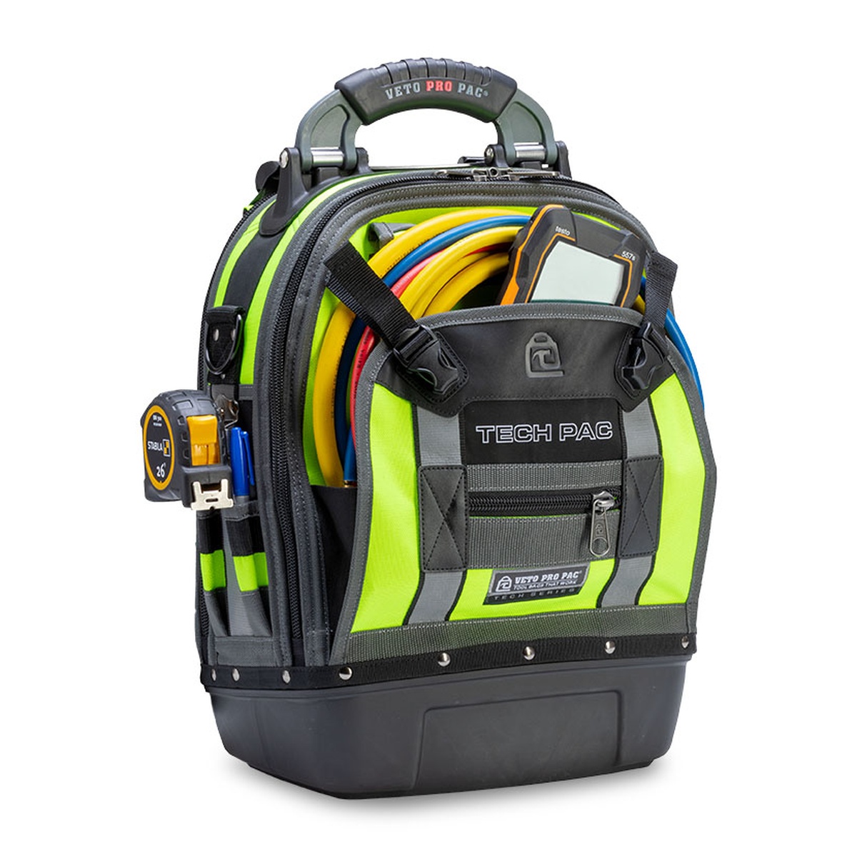 Veto Pro Pac TECH PAC HI-VIZ YELLOW Backpack Tool Bag loaded with hoses and test instruments for technician service work in a shop or jobsite setting