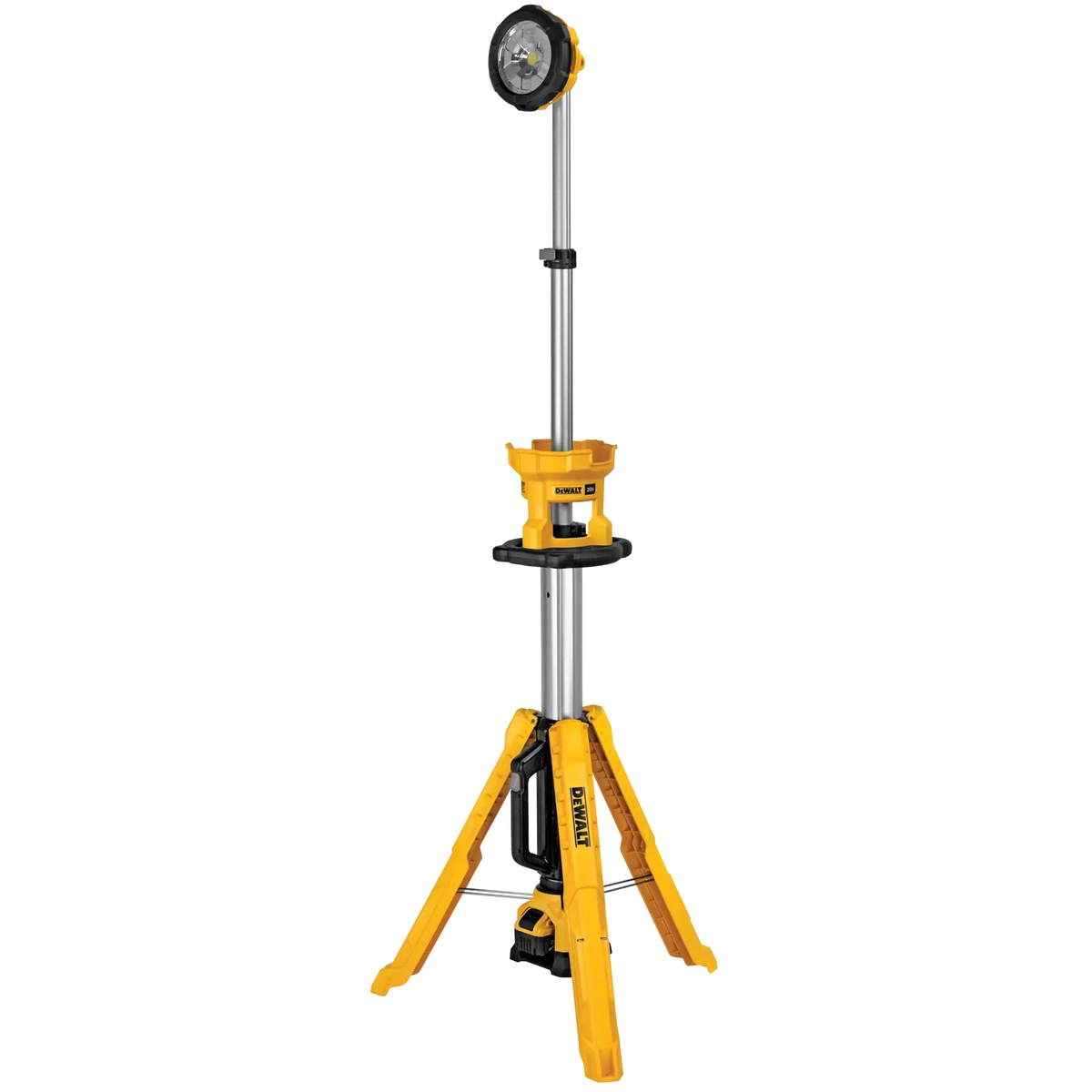 DEWALT DCL079R1 20V MAX LED work light and tripod kit fully extended on a clean background showing tall telescoping stand design