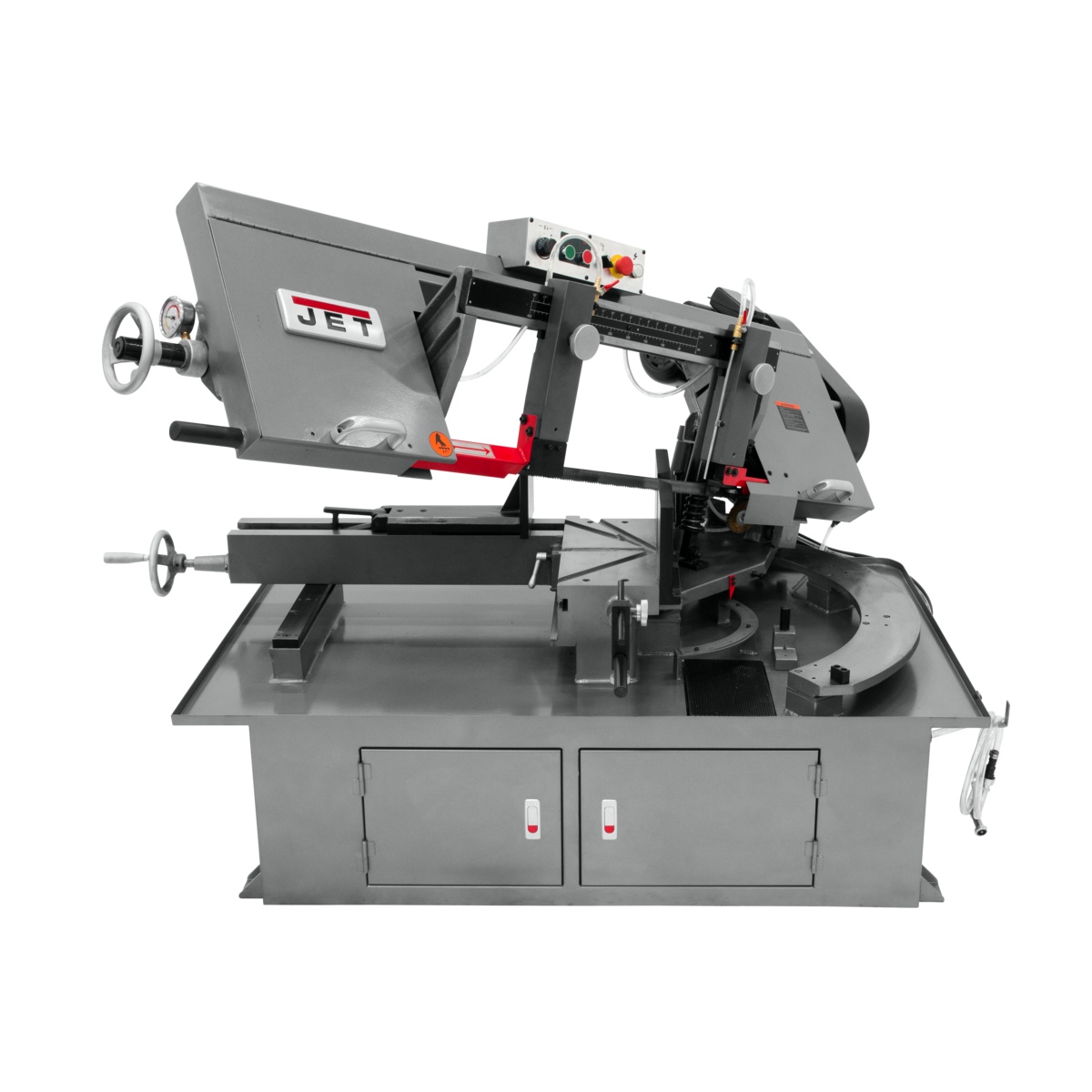 Jet 413410 MBS-1018-3 , 10 inch x 18 inch Horizontal Dual Mitering Bandsaw shown with the saw head set for angle cutting on a shop floor machine base