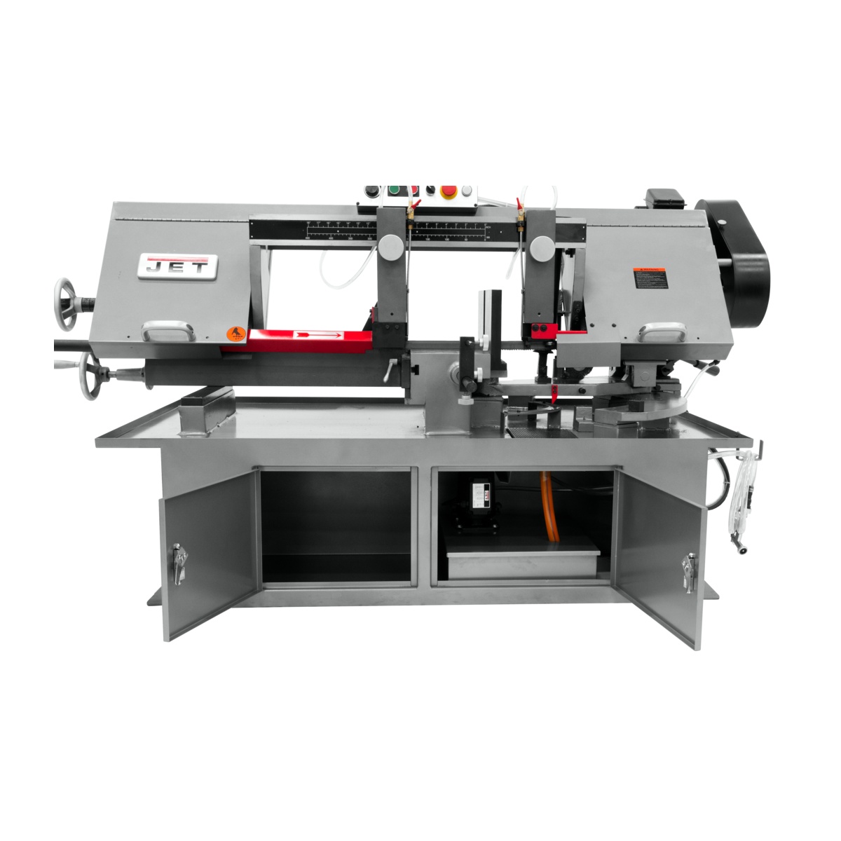 JET 10 x 18 horizontal bandsaw cabinet base and work area with storage and machine controls visible in an industrial metal cutting setup