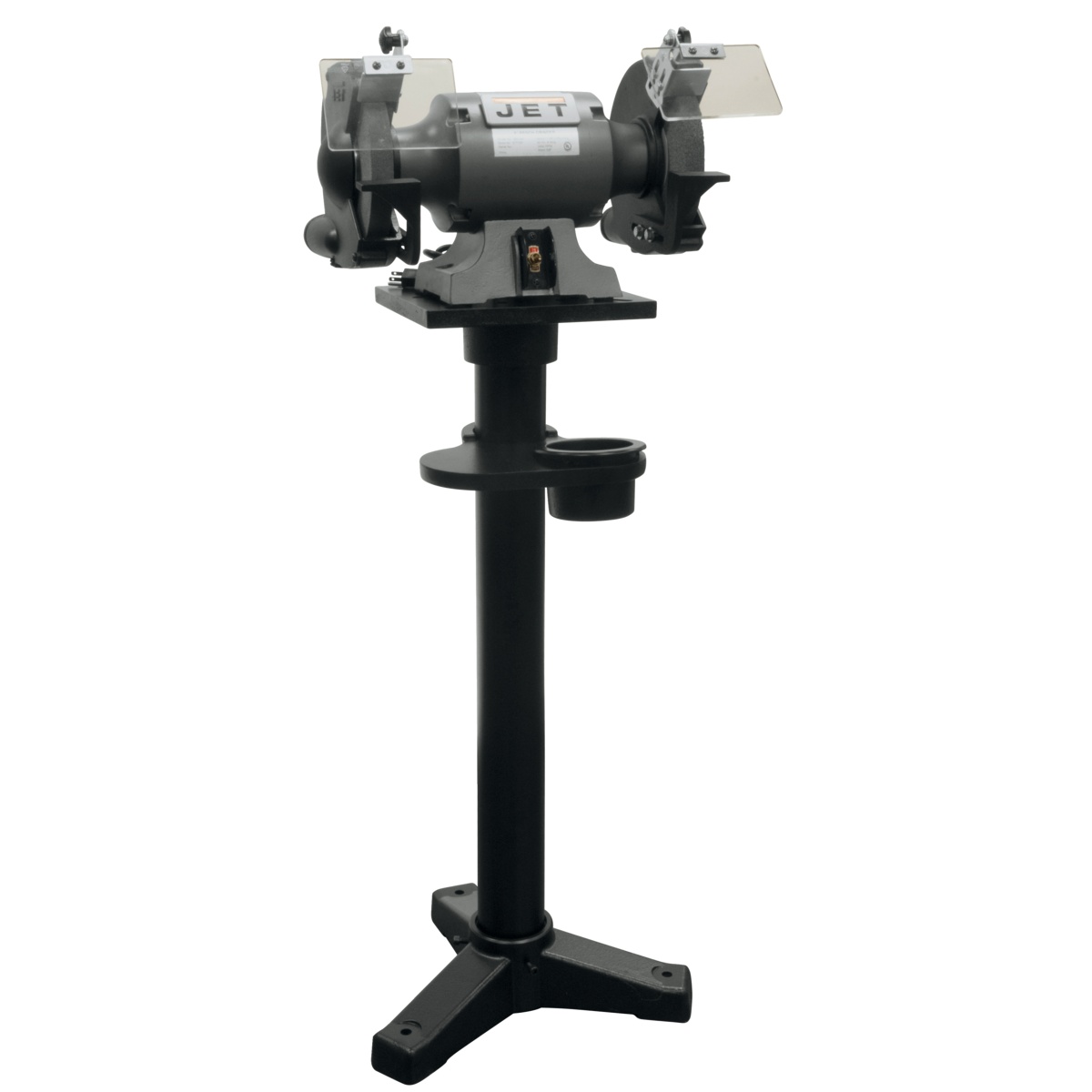 Jet 577103K JBG-10A 10-Inch Bench Grinder and JPS-2A Stand shown as a complete floor-mounted grinding station for sharpening and metalworking in a shop setting
