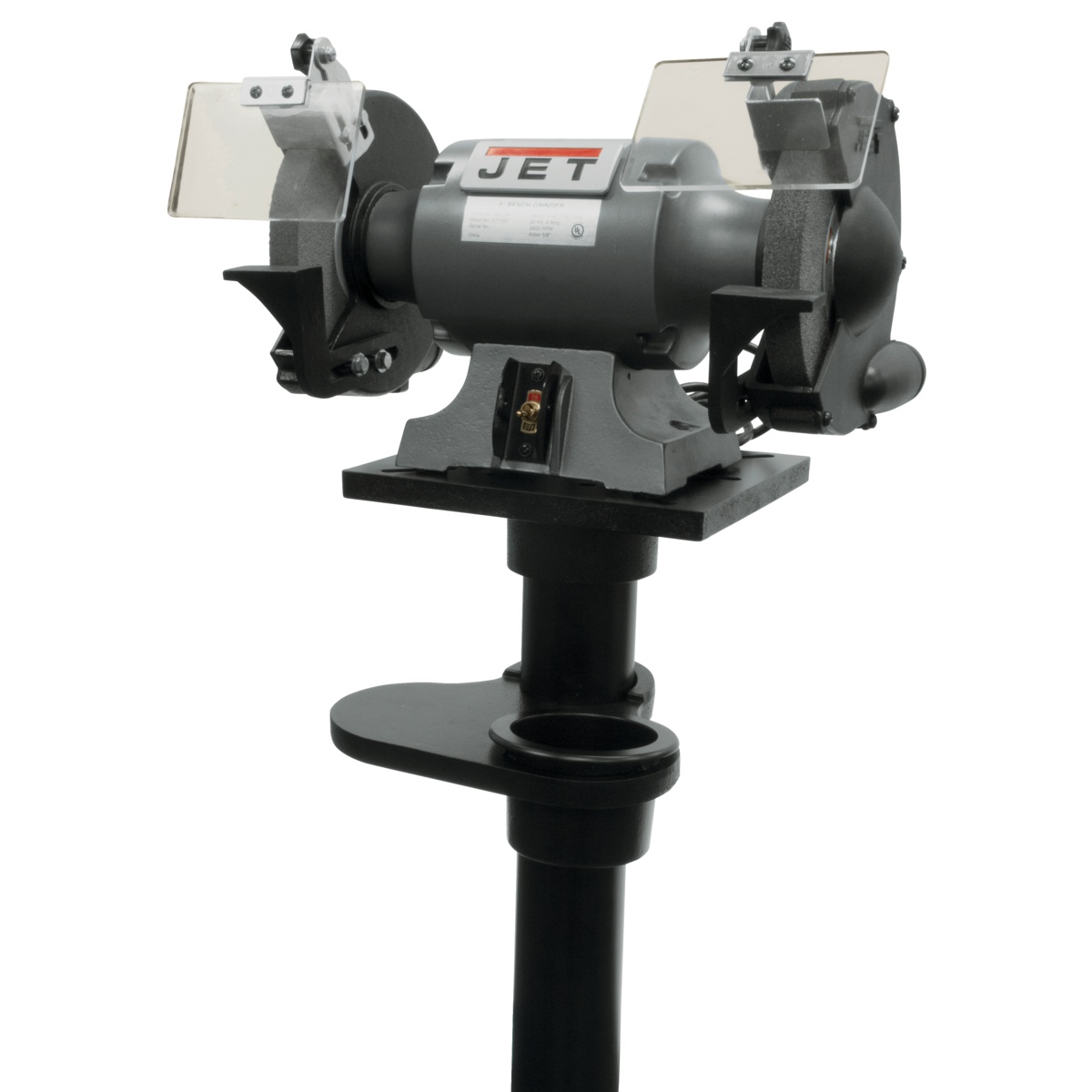 Jet 577103K JBG-10A 10-Inch Bench Grinder and JPS-2A Stand showing grinder body, shields, and integrated stand dust collection system for metal grinding work