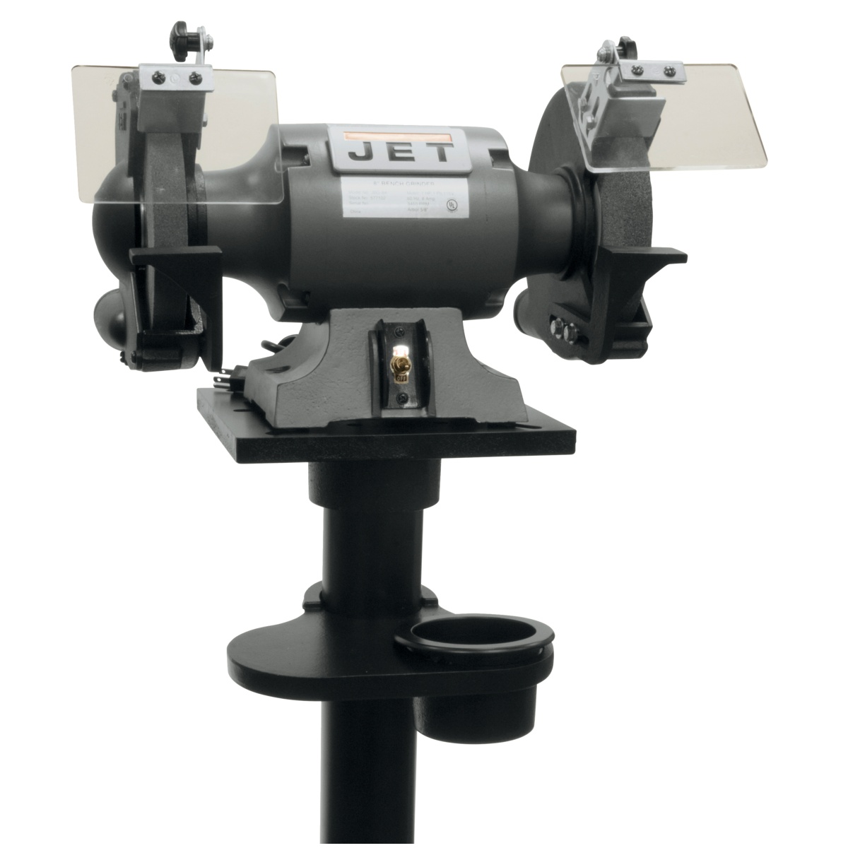 Jet 577103K JBG-10A 10-Inch Bench Grinder close-up showing adjustable tool rests and large eye shields for controlled sharpening and grinding